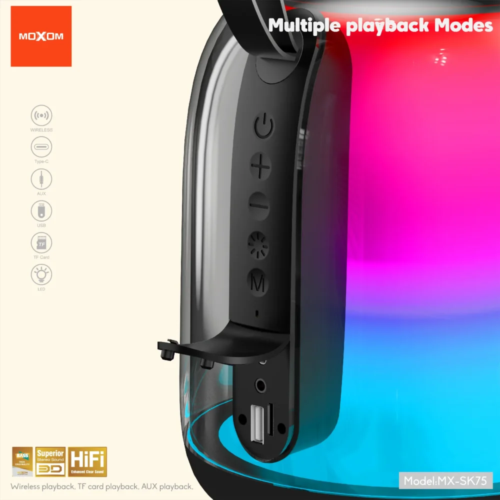 Enceinte Bluetooth Moxom MX-SK75 20W – Design Verre Élégant, Lumières RGB et Son Puissant — image 6