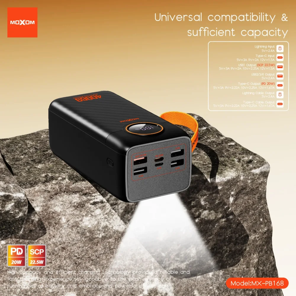 Power Bank Moxom MX-PB168 40000mAh – Charge Rapide PD 20W + SCP 22.5W avec Écran LCD — image 7