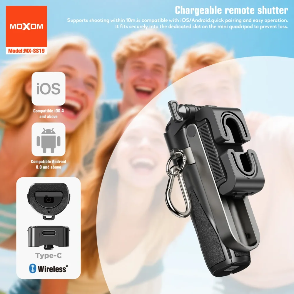 Perche Selfie Multifonction Moxom MX-SS19 Mini Trépied 4-en-1, Bluetooth et Design Compact — image 3
