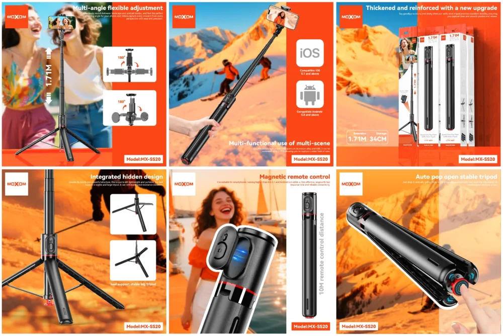 Perche Selfie Trépied Moxom MX-SS20 1.71m Télécommande Bluetooth, Rotation Multi-Angles et Design Pliable — image 6