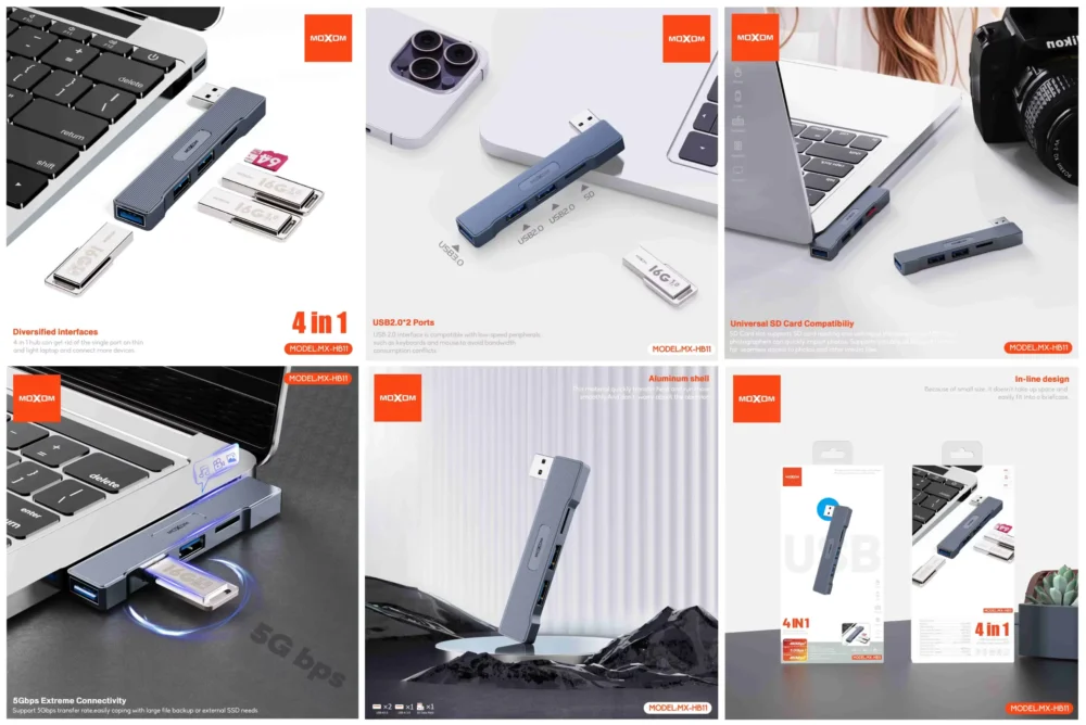 Hub USB Moxom MX-HB11 Multiports avec Lecteur SD, USB 3.0 Haute Vitesse 5Gbps et Extension 4-en-1 — image 3