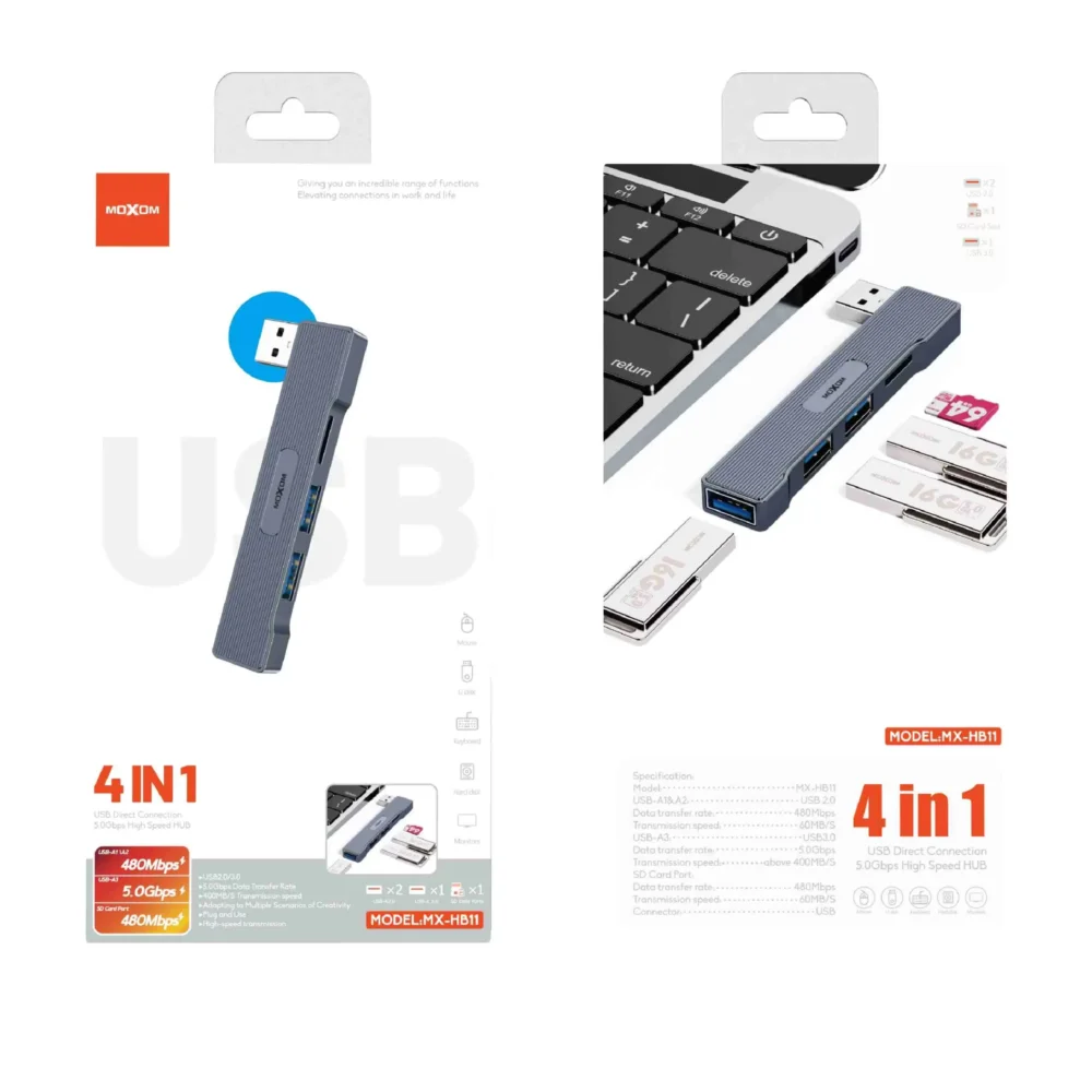 Hub USB Moxom MX-HB11 Multiports avec Lecteur SD, USB 3.0 Haute Vitesse 5Gbps et Extension 4-en-1 — image 4