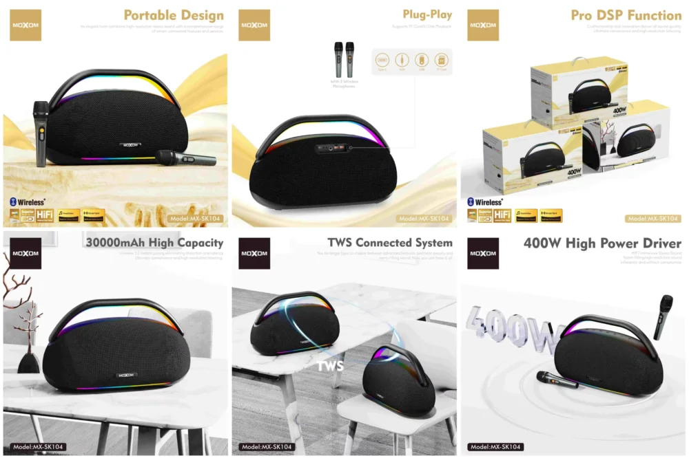 Amplificateur de Son Moxom MX-SK103 150W – Batterie 12000mAh, LED RGB et 2 Micros Sans Fil — image 8