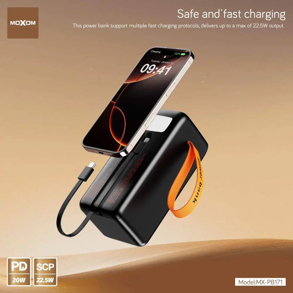 Power Bank Moxom MX-PB171 50000mAh Charge Rapide PD 20W + SCP 22.5W avec Câbles Intégrés et Lampe LED — image 4