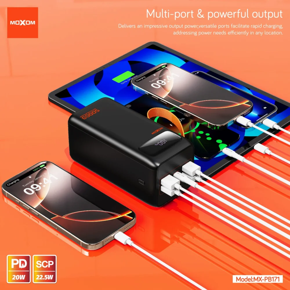 Power Bank Moxom MX-PB171 50000mAh Charge Rapide PD 20W + SCP 22.5W avec Câbles Intégrés et Lampe LED — image 6