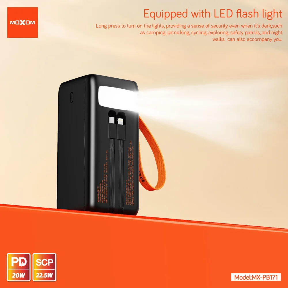 Power Bank Moxom MX-PB171 50000mAh Charge Rapide PD 20W + SCP 22.5W avec Câbles Intégrés et Lampe LED — image 7