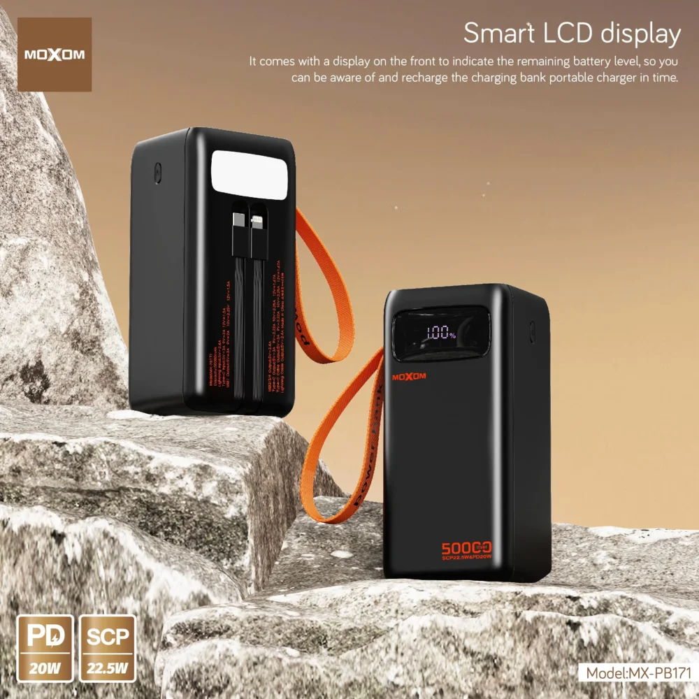 Power Bank Moxom MX-PB171 50000mAh Charge Rapide PD 20W + SCP 22.5W avec Câbles Intégrés et Lampe LED — image 8