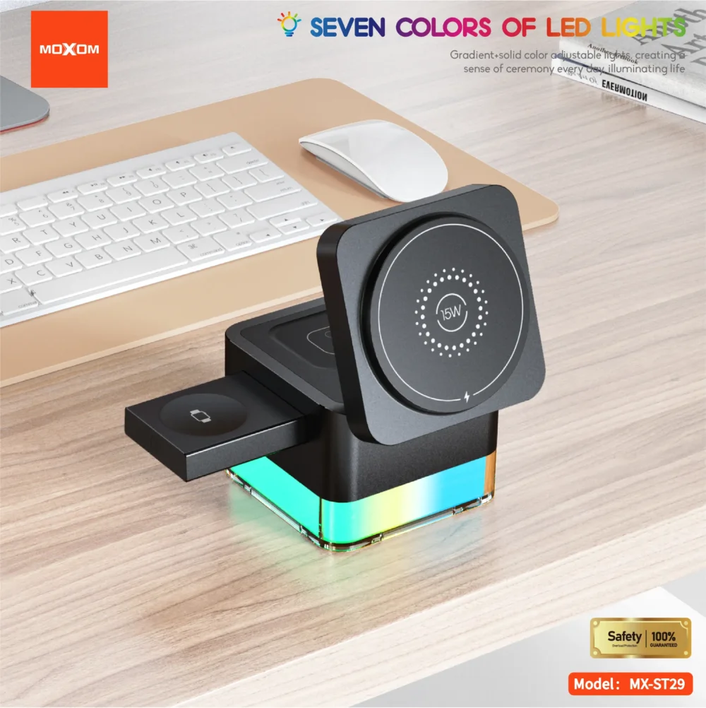 MOXOM MX-ST29 Station de Charge Sans Fil Magnétique 3-en-1 15W avec Éclairage LED RGB 7 Couleurs pour Smartphone, Écouteurs et Montre Connectée — image 4