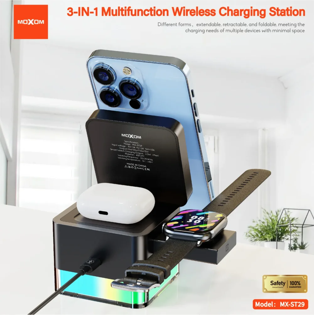 MOXOM MX-ST29 Station de Charge Sans Fil Magnétique 3-en-1 15W avec Éclairage LED RGB 7 Couleurs pour Smartphone, Écouteurs et Montre Connectée — image 5