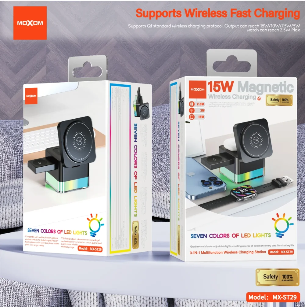 MOXOM MX-ST29 Station de Charge Sans Fil Magnétique 3-en-1 15W avec Éclairage LED RGB 7 Couleurs pour Smartphone, Écouteurs et Montre Connectée — image 6