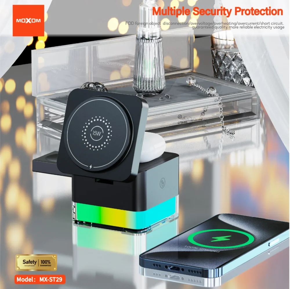 MOXOM MX-ST29 Station de Charge Sans Fil Magnétique 3-en-1 15W avec Éclairage LED RGB 7 Couleurs pour Smartphone, Écouteurs et Montre Connectée — image 7