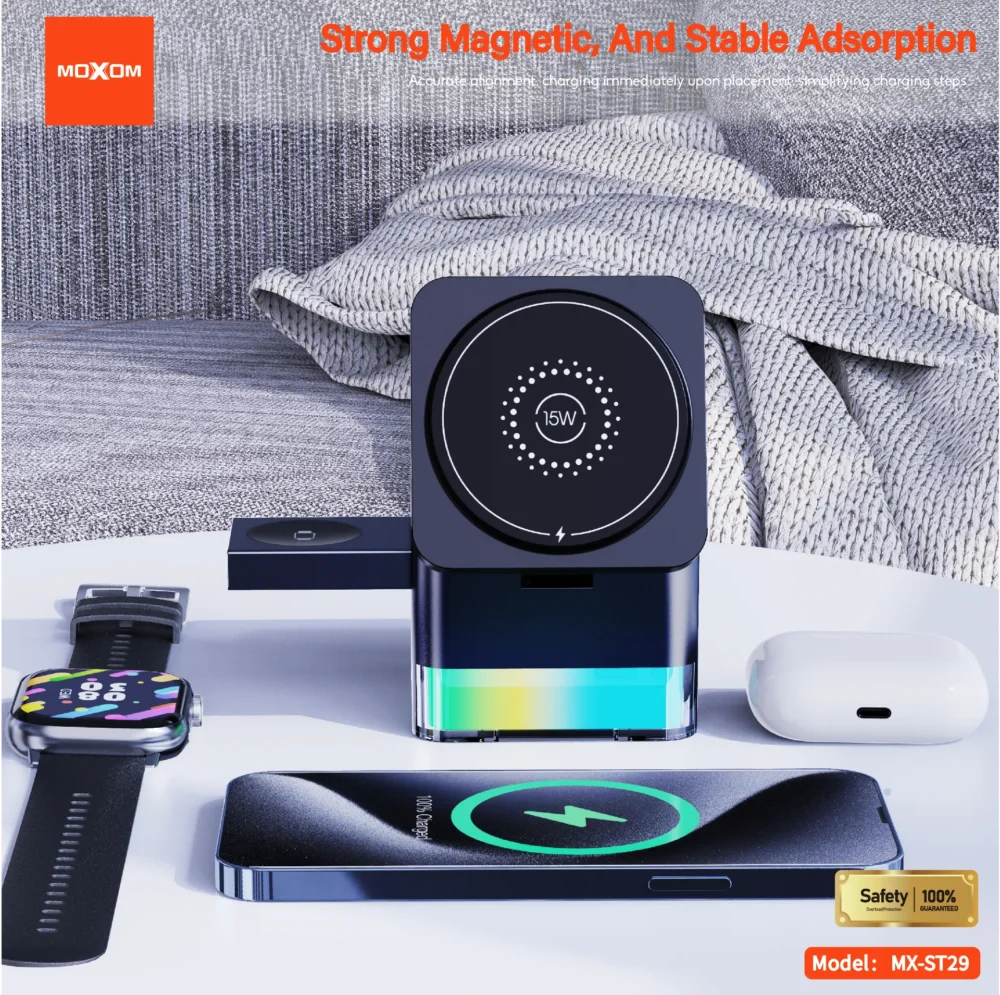 MOXOM MX-ST29 Station de Charge Sans Fil Magnétique 3-en-1 15W avec Éclairage LED RGB 7 Couleurs pour Smartphone, Écouteurs et Montre Connectée — image 8