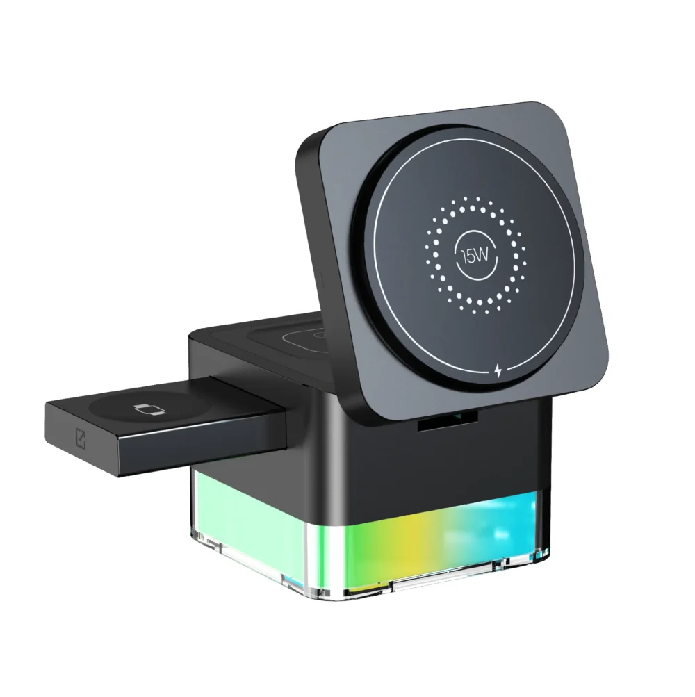 MOXOM MX-ST29 Station de Charge Sans Fil Magnétique 3-en-1 15W avec Éclairage LED RGB 7 Couleurs pour Smartphone, Écouteurs et Montre Connectée