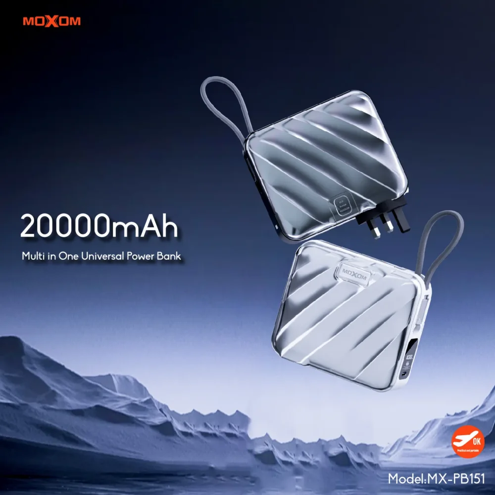 MOXOM MX-PB151 Power Bank 20000mAh avec Chargeur Secteur Intégré – PD35W, Câbles Lightning & USB-C Intégrés, Écran LCD Intelligent — image 6