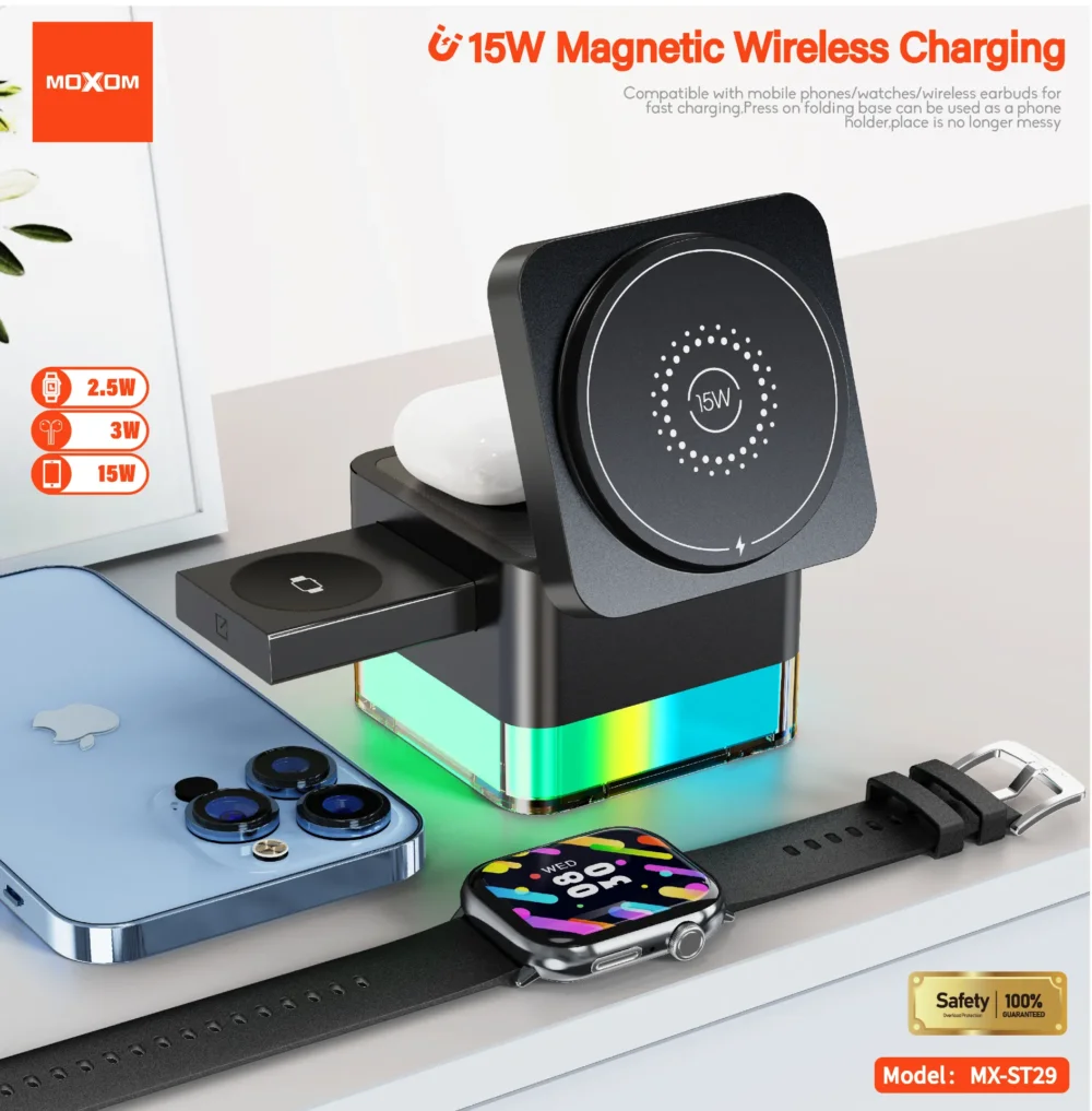 MOXOM MX-ST29 Station de Charge Sans Fil Magnétique 3-en-1 15W avec Éclairage LED RGB 7 Couleurs pour Smartphone, Écouteurs et Montre Connectée — image 3