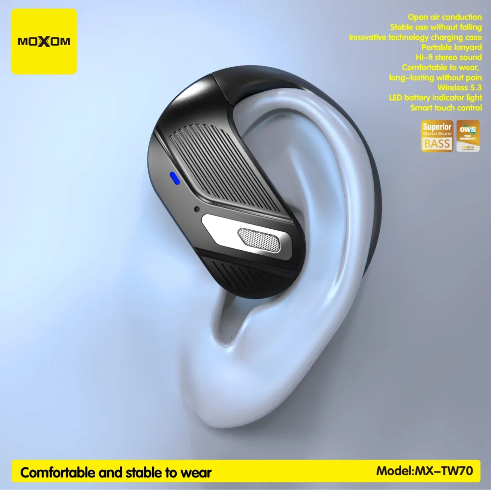 Écouteurs Sans Fil MOXOM MX-TW70 OWS Bluetooth 5.3 – Open Air Conduction avec Crochet d’Oreille et Boîtier de Charge — image 10