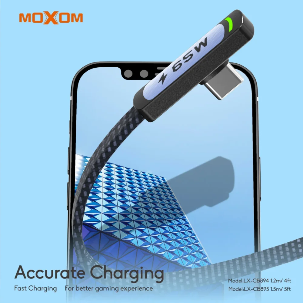 MOXOM LX-CB894 Câble USB-C vers USB-C 65W à Angle 90° avec Écran LED | Charge Rapide & Synchronisation des Données | Câble Tressé en Nylon — image 5