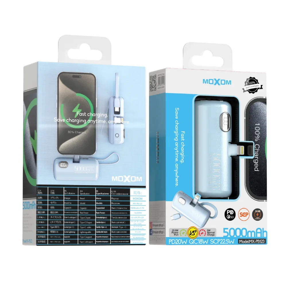 MOXOM MX-PB123 Power Bank 5000mAh avec Connecteurs Intégrés 3-en-1 – PD20W, QC18W, SCP22.5W, Écran LCD Intelligent — image 11