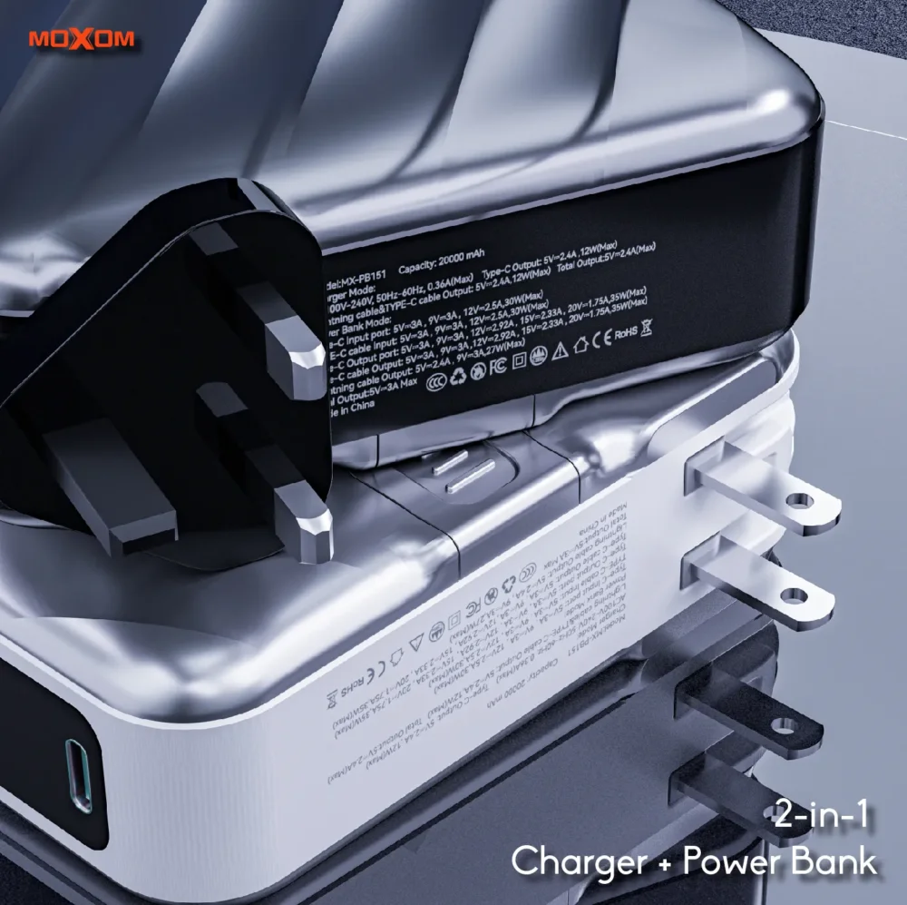 MOXOM MX-PB151 Power Bank 20000mAh avec Chargeur Secteur Intégré – PD35W, Câbles Lightning & USB-C Intégrés, Écran LCD Intelligent — image 8