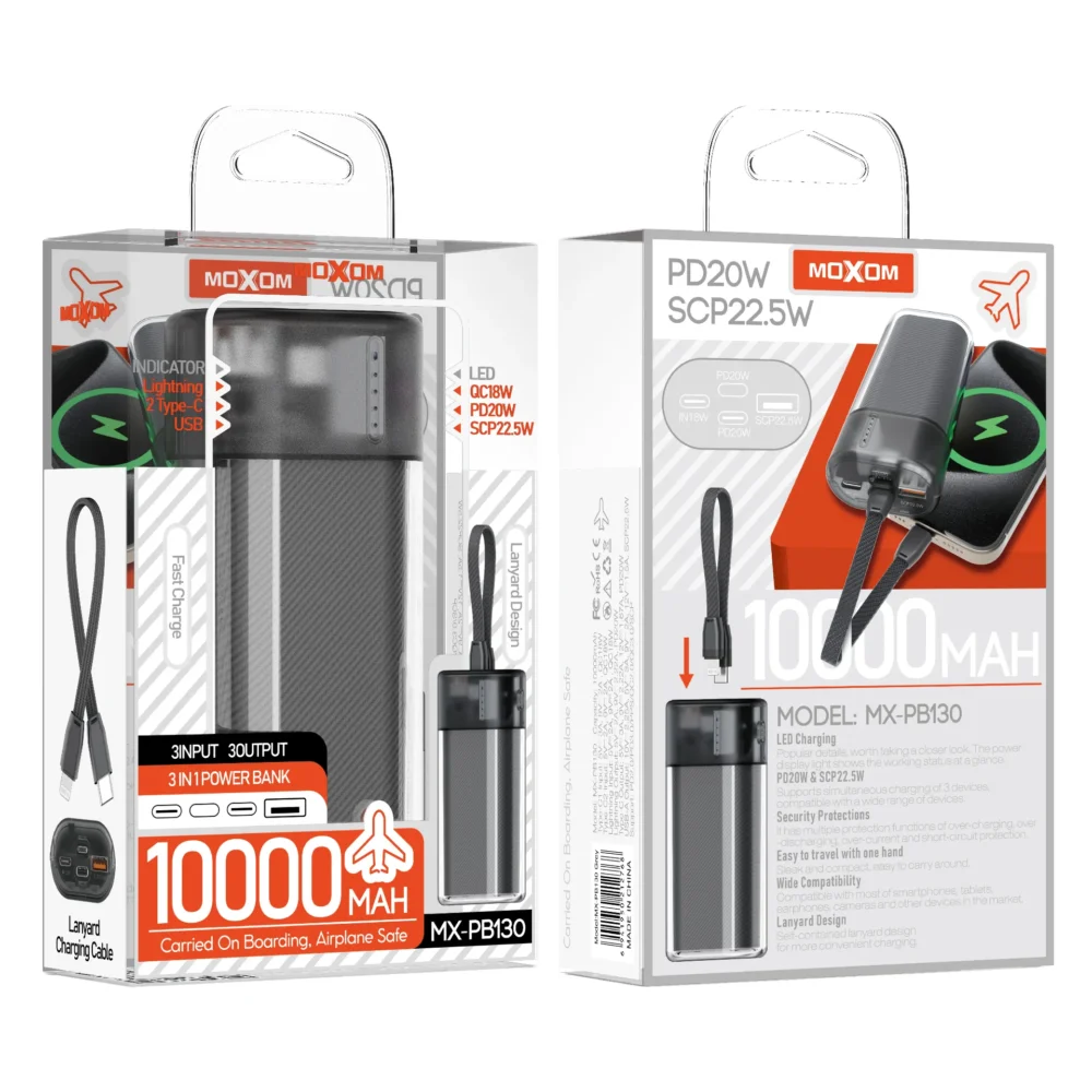 MOXOM MX-PB130 Power Bank 10000mAh – Charge Rapide PD20W & SCP22.5W, 3 Entrées / 3 Sorties, Câble Dragonne Intégré — image 7