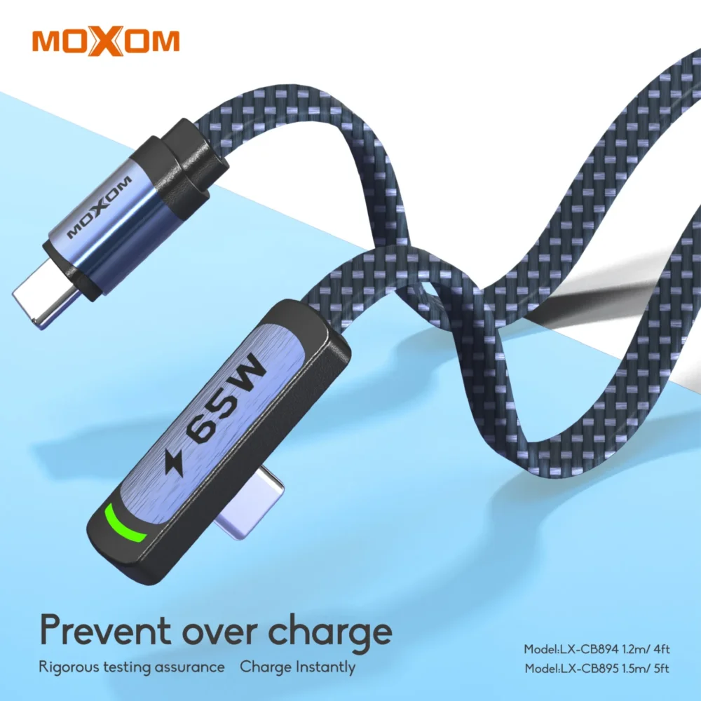 MOXOM LX-CB894 Câble USB-C vers USB-C 65W à Angle 90° avec Écran LED | Charge Rapide & Synchronisation des Données | Câble Tressé en Nylon — image 6