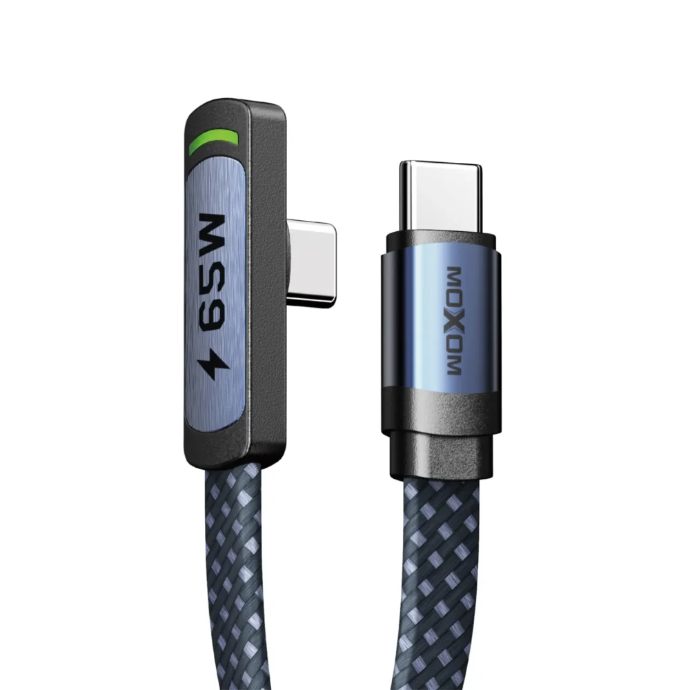 MOXOM LX-CB894 Câble USB-C vers USB-C 65W à Angle 90° avec Écran LED | Charge Rapide & Synchronisation des Données | Câble Tressé en Nylon