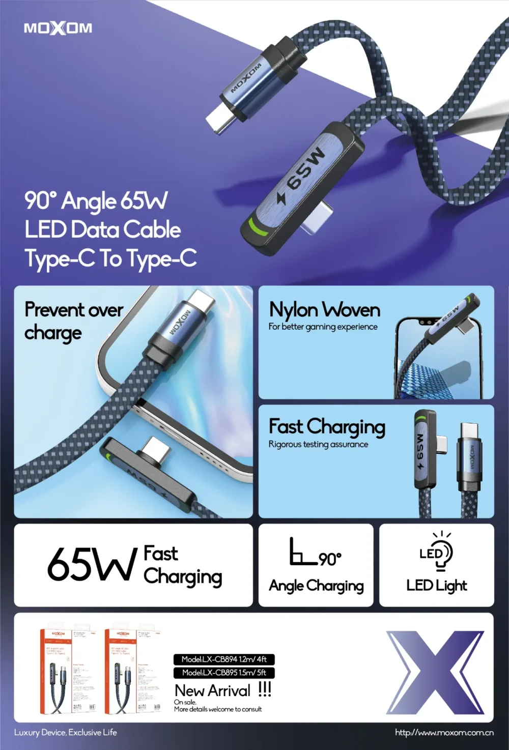 MOXOM LX-CB894 Câble USB-C vers USB-C 65W à Angle 90° avec Écran LED | Charge Rapide & Synchronisation des Données | Câble Tressé en Nylon — image 3
