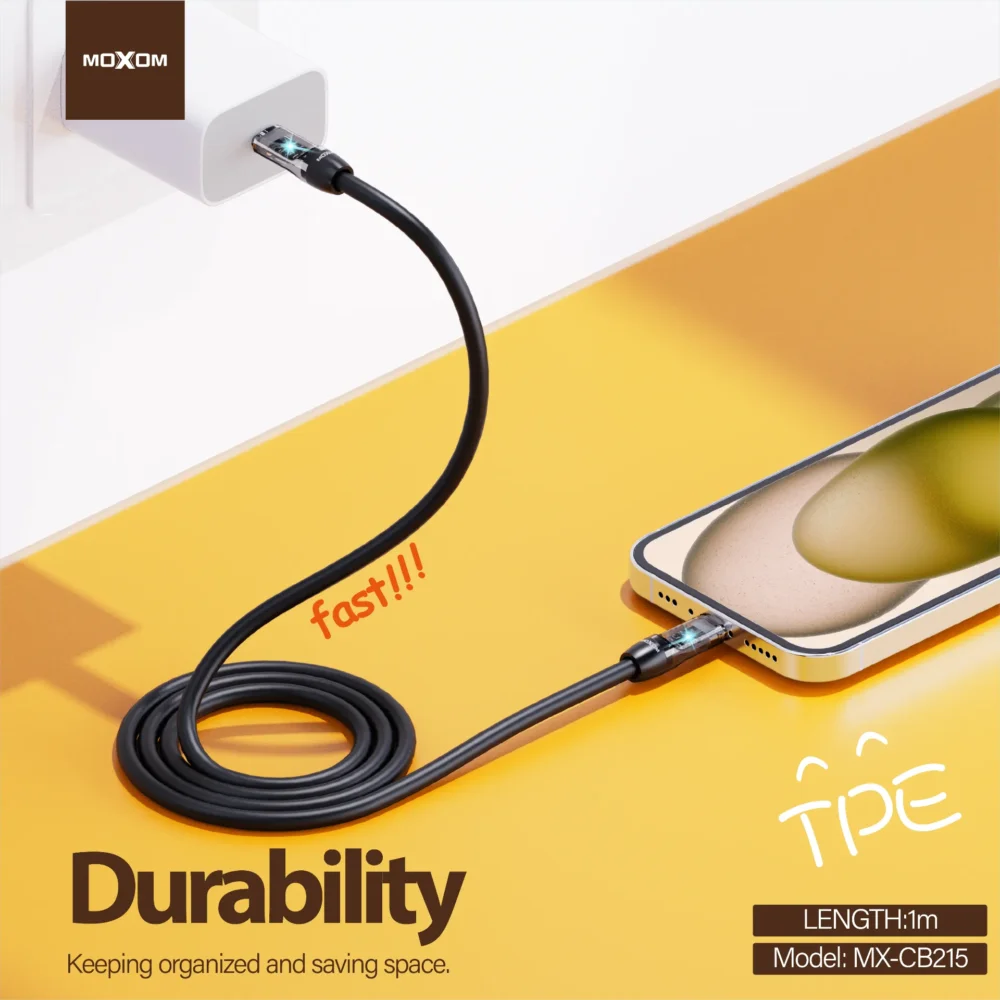 Câble USB-C vers USB-C MOXOM MX-CB215 60W PD – Charge Rapide, Câble de Données LED Transparent, 1 mètre — image 8