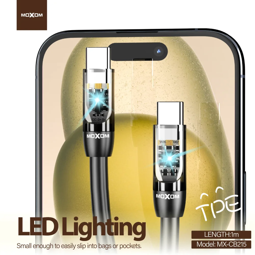 Câble USB-C vers USB-C MOXOM MX-CB215 60W PD – Charge Rapide, Câble de Données LED Transparent, 1 mètre — image 9
