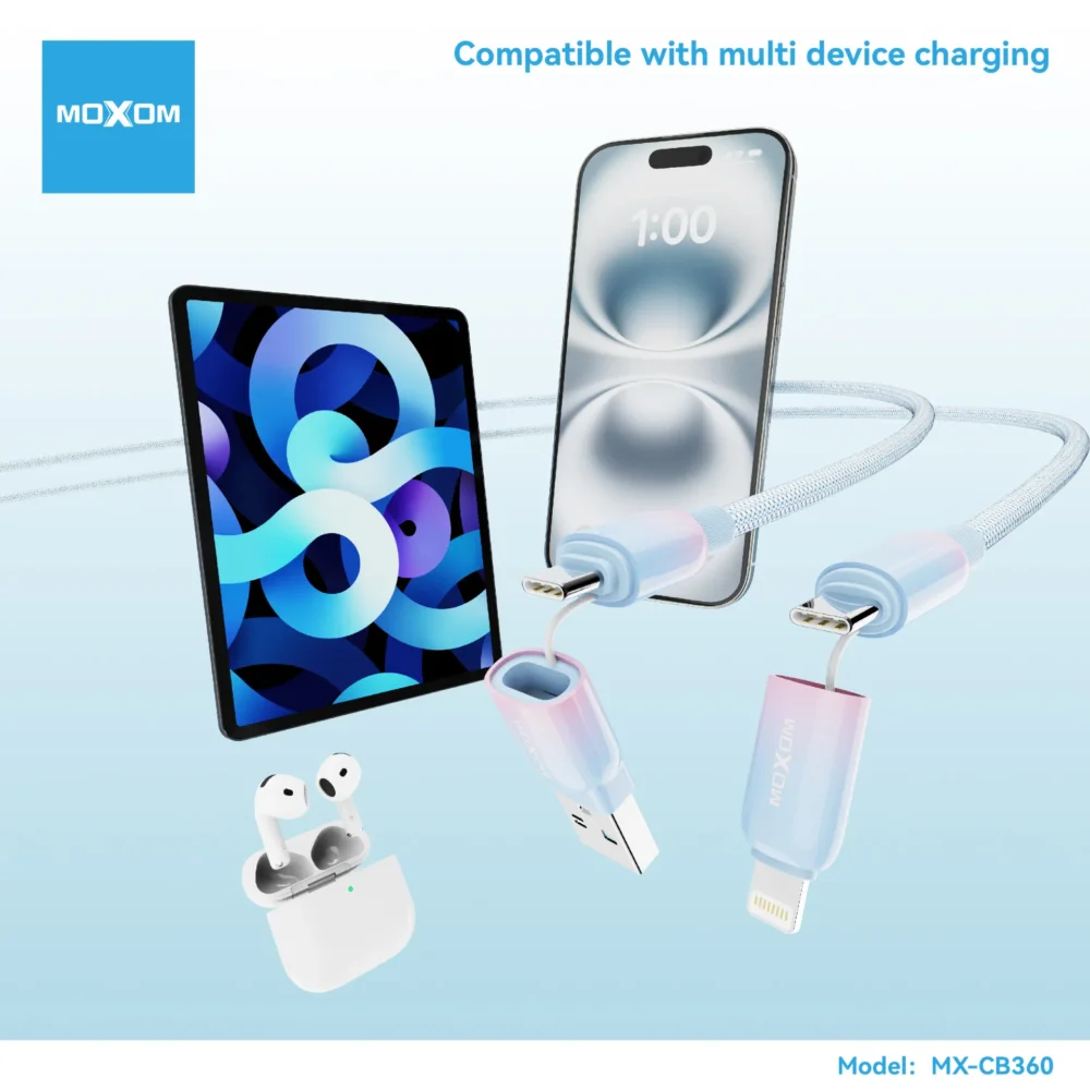 MOXOM CB360 Câble de Charge Rapide 4-en-1 avec Synchronisation des Données | USB-A vers USB-C, Lightning & Micro USB | Câble Tressé Multi-Appareils — image 10