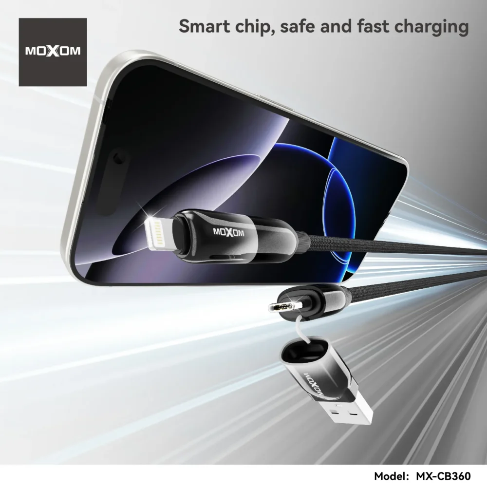 MOXOM CB360 Câble de Charge Rapide 4-en-1 avec Synchronisation des Données | USB-A vers USB-C, Lightning & Micro USB | Câble Tressé Multi-Appareils — image 11