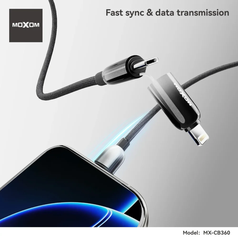 MOXOM CB360 Câble de Charge Rapide 4-en-1 avec Synchronisation des Données | USB-A vers USB-C, Lightning & Micro USB | Câble Tressé Multi-Appareils — image 12