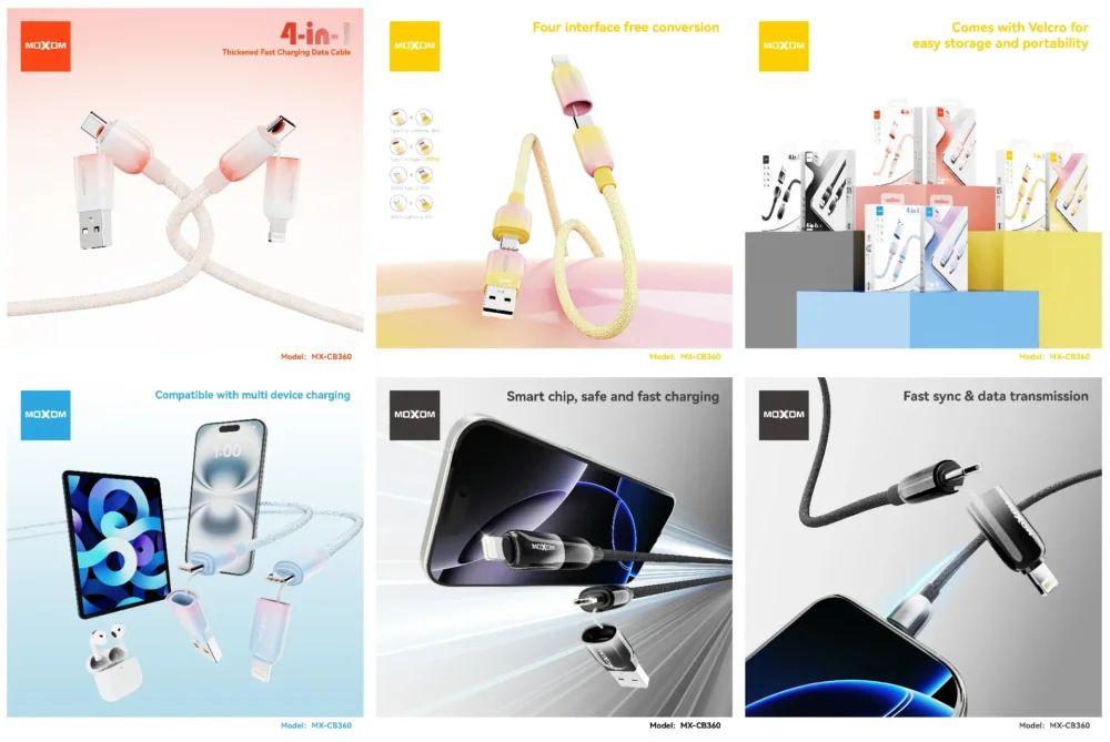 MOXOM CB360 Câble de Charge Rapide 4-en-1 avec Synchronisation des Données | USB-A vers USB-C, Lightning & Micro USB | Câble Tressé Multi-Appareils — image 13