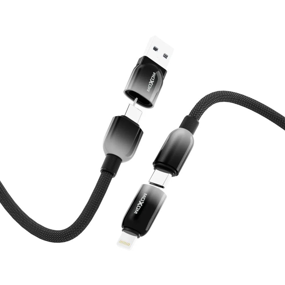 MOXOM CB360 Câble de Charge Rapide 4-en-1 avec Synchronisation des Données | USB-A vers USB-C, Lightning & Micro USB | Câble Tressé Multi-Appareils