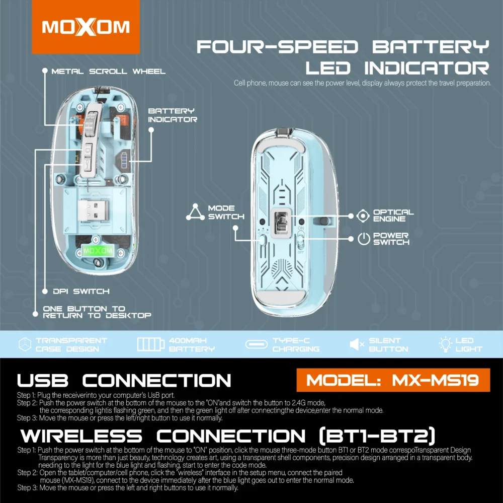 MOXOM MX-MS19 Souris Sans Fil Rechargeable Triple Mode Bluetooth & 2.4GHz — image 10
