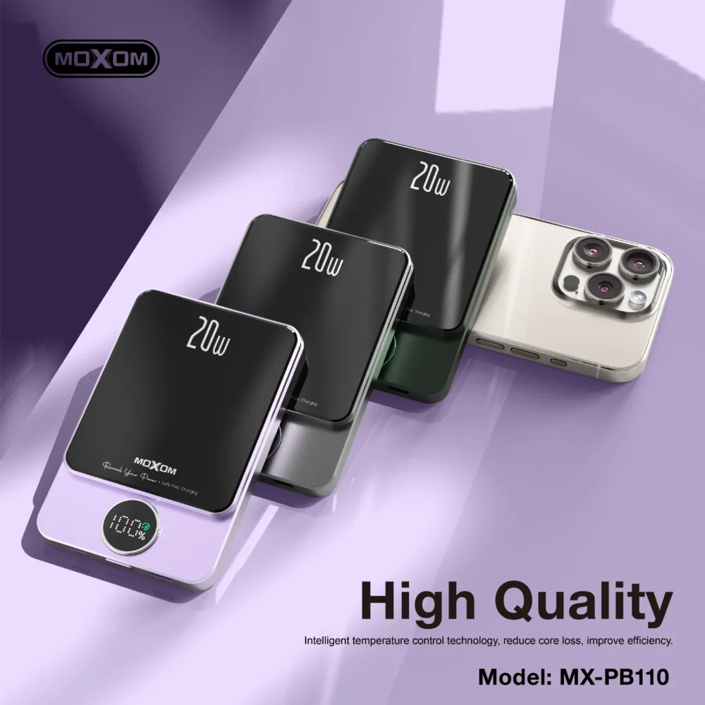 Power Bank Magnétique MOXOM MX-PB110 5000mAh – Charge Sans Fil 15W, PD 20W avec Écran LCD — image 11