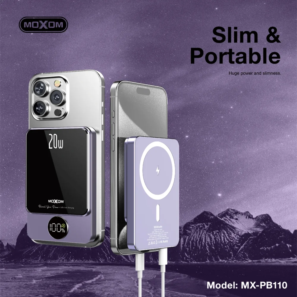 Power Bank Magnétique MOXOM MX-PB110 5000mAh – Charge Sans Fil 15W, PD 20W avec Écran LCD — image 12
