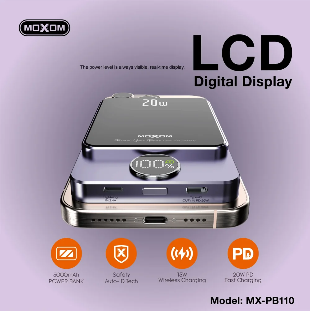Power Bank Magnétique MOXOM MX-PB110 5000mAh – Charge Sans Fil 15W, PD 20W avec Écran LCD — image 14