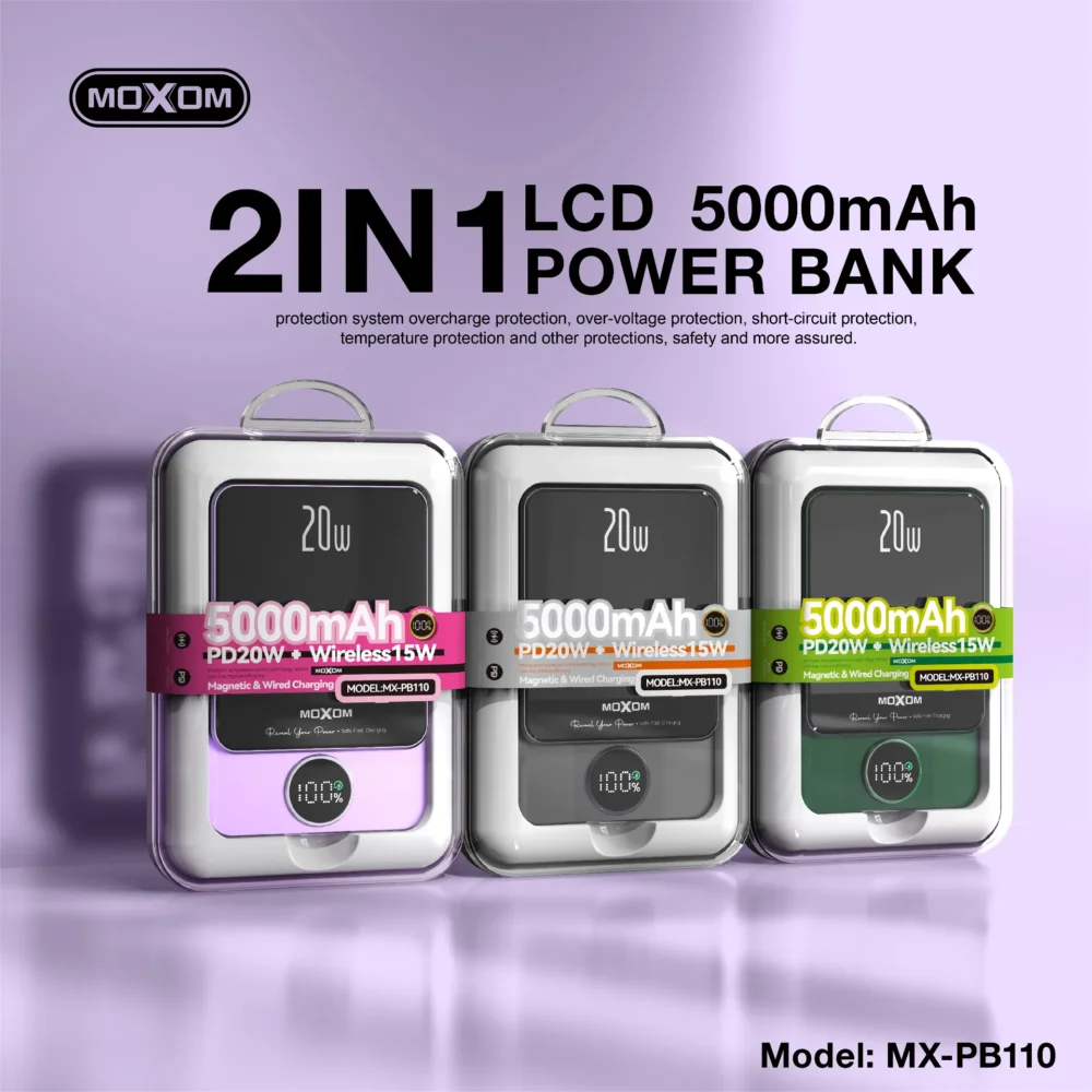 Power Bank Magnétique MOXOM MX-PB110 5000mAh – Charge Sans Fil 15W, PD 20W avec Écran LCD — image 15