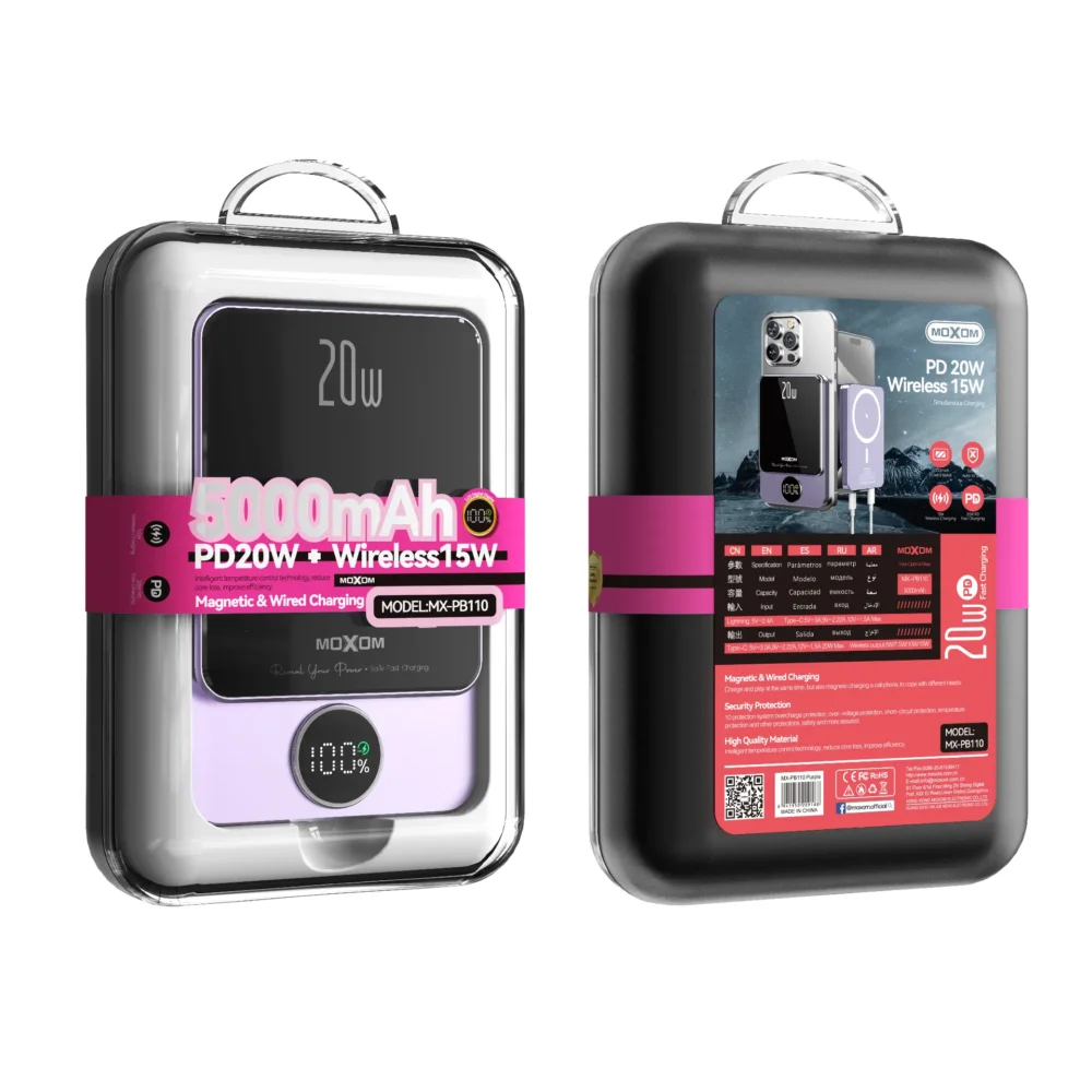 Power Bank Magnétique MOXOM MX-PB110 5000mAh – Charge Sans Fil 15W, PD 20W avec Écran LCD — image 6