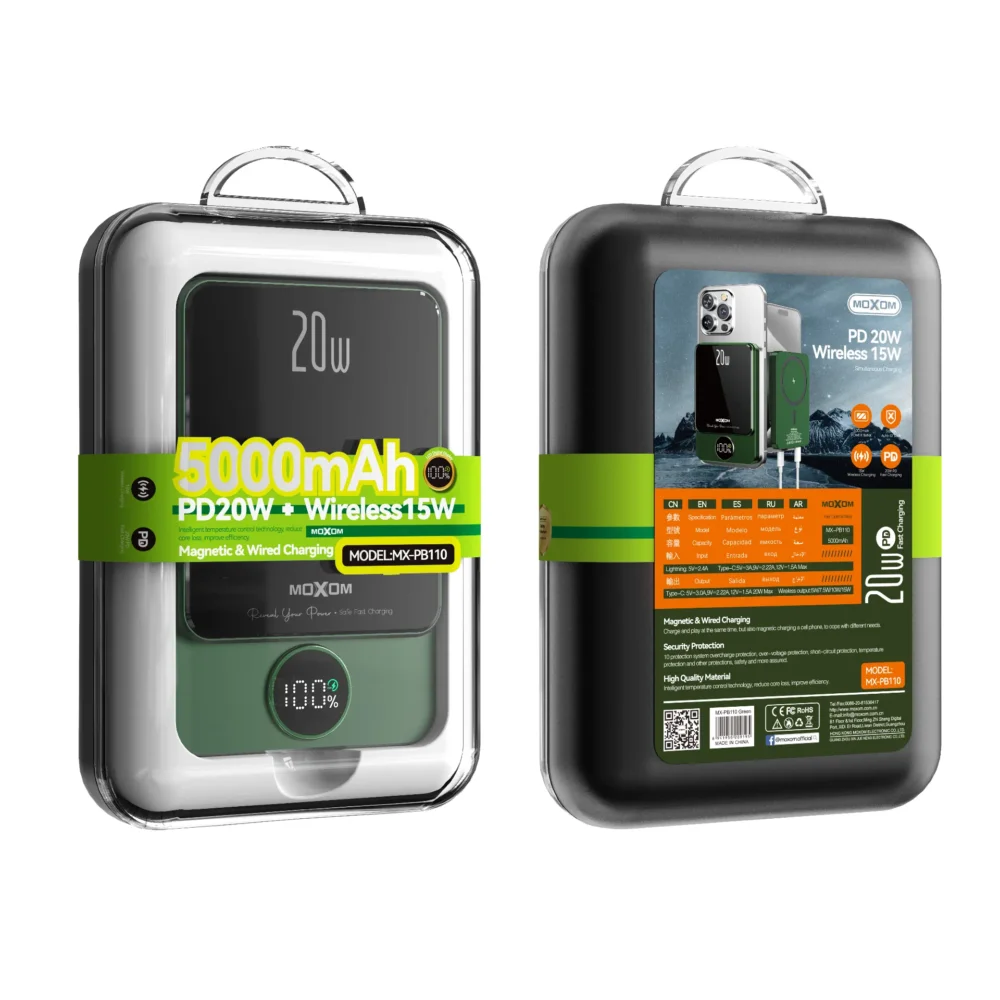 Power Bank Magnétique MOXOM MX-PB110 5000mAh – Charge Sans Fil 15W, PD 20W avec Écran LCD — image 7
