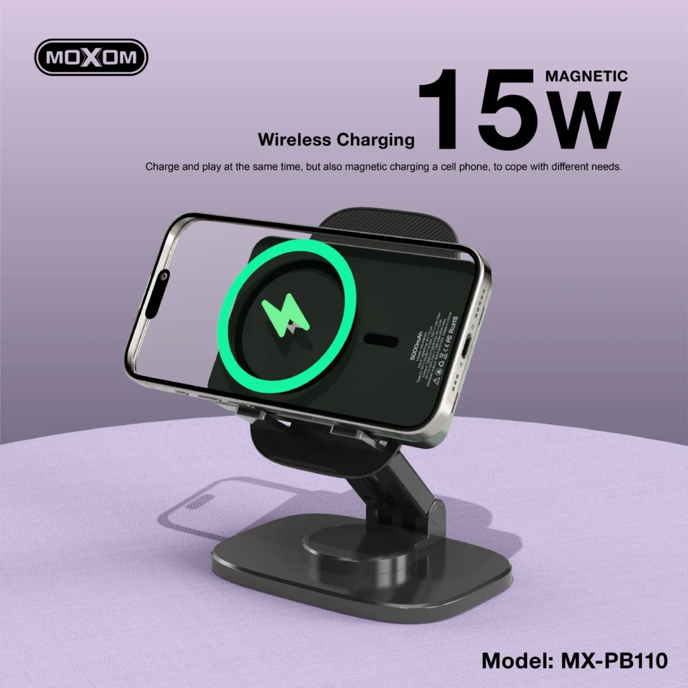Power Bank Magnétique MOXOM MX-PB110 5000mAh – Charge Sans Fil 15W, PD 20W avec Écran LCD — image 10