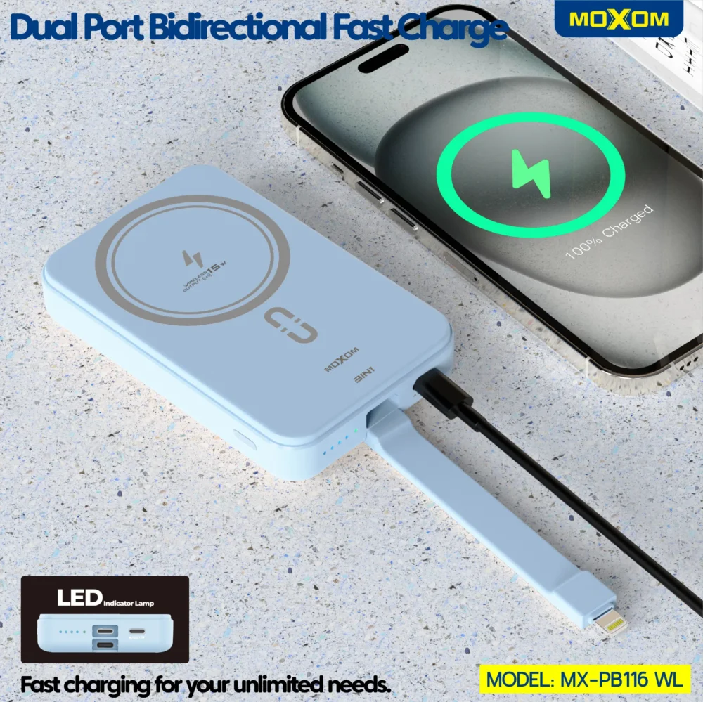 Power Bank Magnétique MOXOM MX-PB116 WL 10000mAh – Charge Sans Fil 15W, PD 20W, QC 18W avec Câble Intégré — image 10