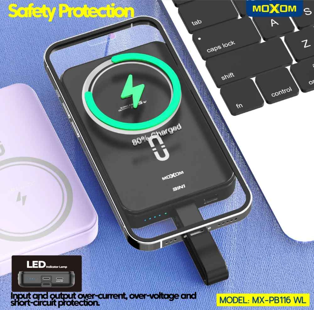 Power Bank Magnétique MOXOM MX-PB116 WL 10000mAh – Charge Sans Fil 15W, PD 20W, QC 18W avec Câble Intégré — image 11