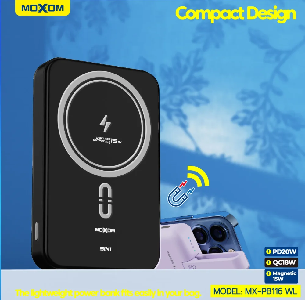 Power Bank Magnétique MOXOM MX-PB116 WL 10000mAh – Charge Sans Fil 15W, PD 20W, QC 18W avec Câble Intégré — image 12