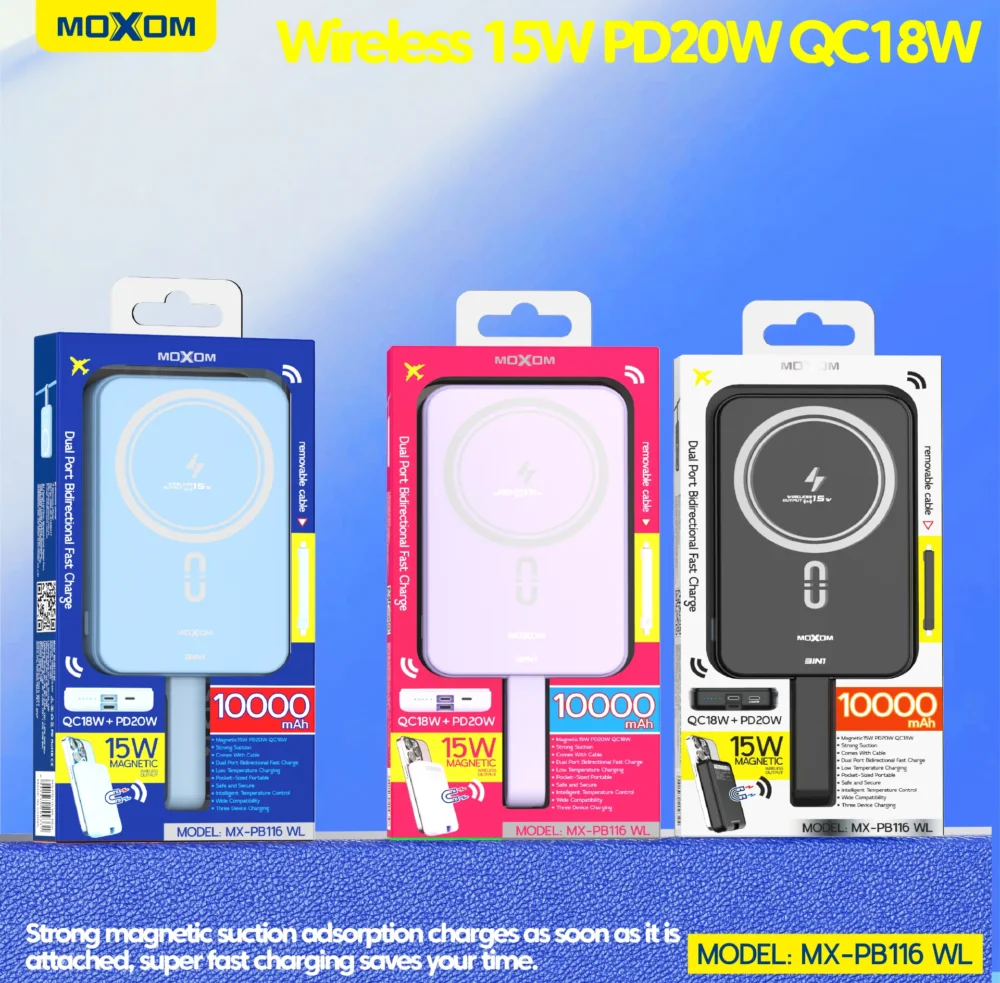Power Bank Magnétique MOXOM MX-PB116 WL 10000mAh – Charge Sans Fil 15W, PD 20W, QC 18W avec Câble Intégré — image 13
