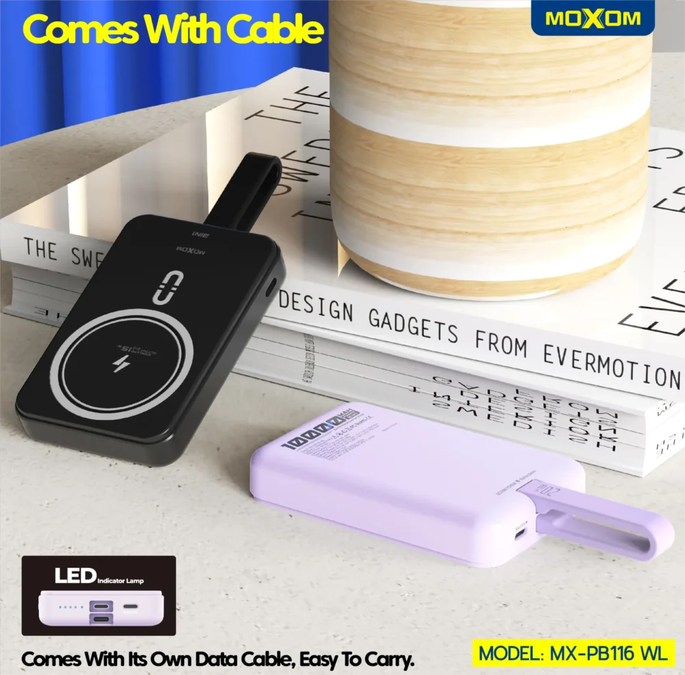 Power Bank Magnétique MOXOM MX-PB116 WL 10000mAh – Charge Sans Fil 15W, PD 20W, QC 18W avec Câble Intégré — image 14