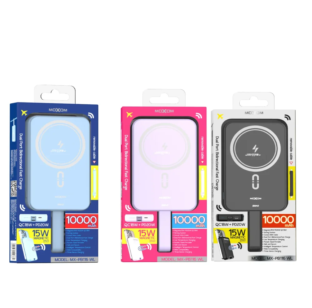 Power Bank Magnétique MOXOM MX-PB116 WL 10000mAh – Charge Sans Fil 15W, PD 20W, QC 18W avec Câble Intégré — image 15