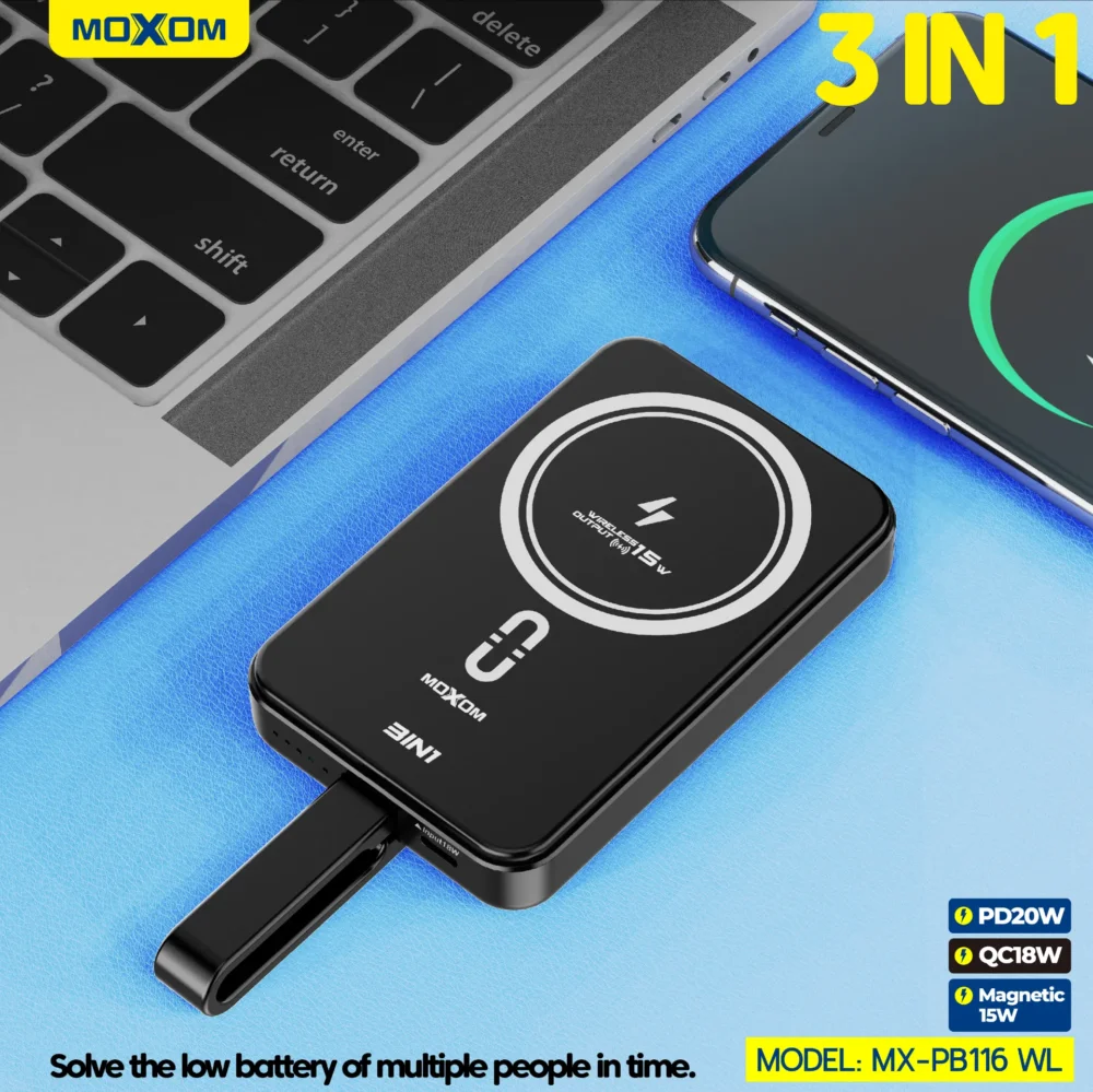 Power Bank Magnétique MOXOM MX-PB116 WL 10000mAh – Charge Sans Fil 15W, PD 20W, QC 18W avec Câble Intégré — image 9