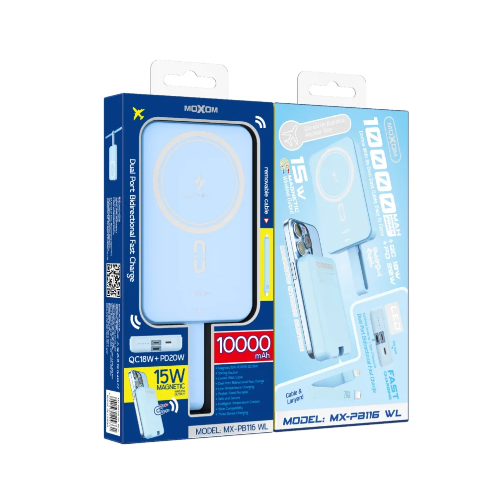 Power Bank Magnétique MOXOM MX-PB116 WL 10000mAh – Charge Sans Fil 15W, PD 20W, QC 18W avec Câble Intégré — image 3